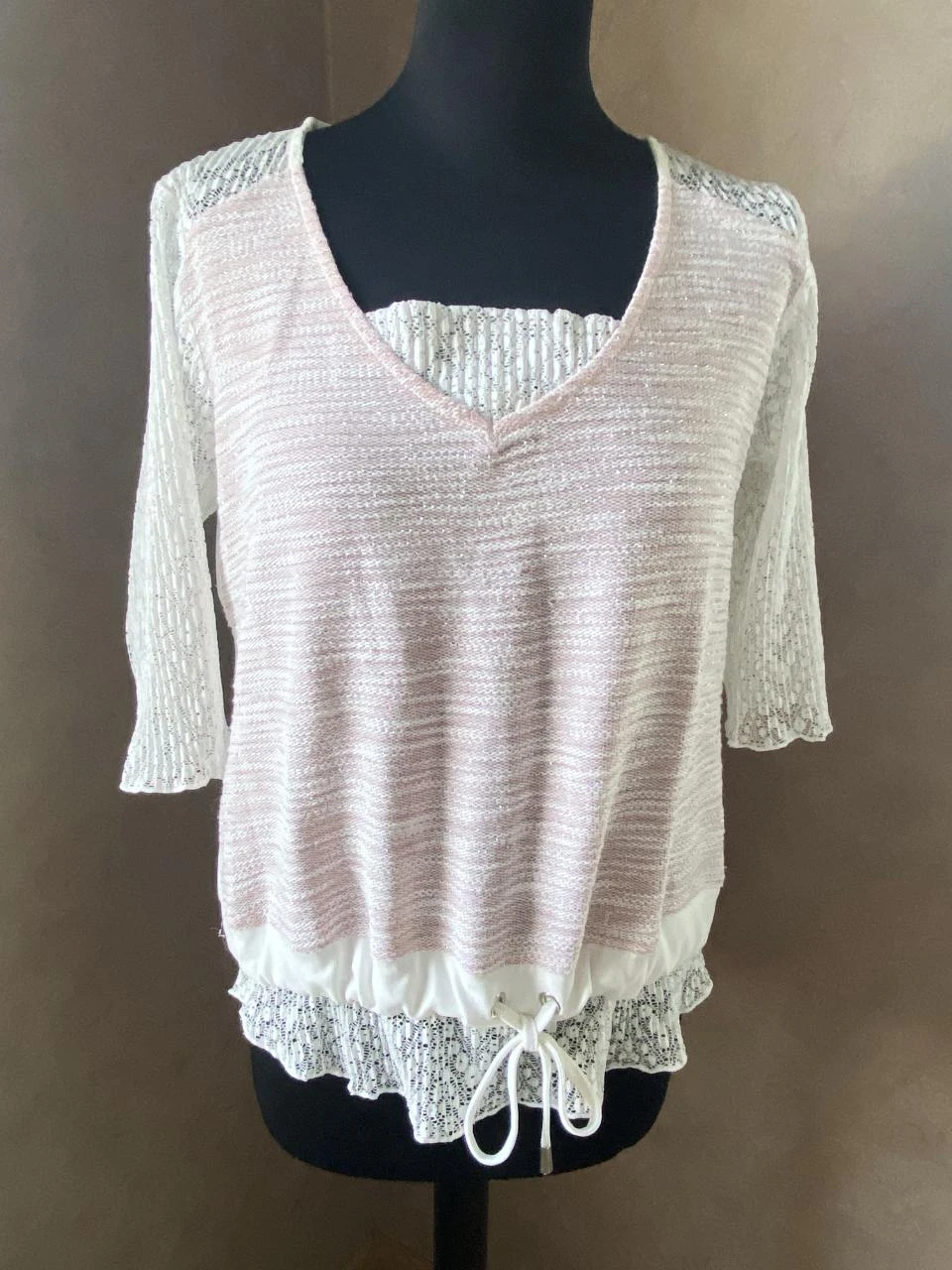 Blouse bi-matière rose poudré & blanc BRÉAL T38 – Dentelle